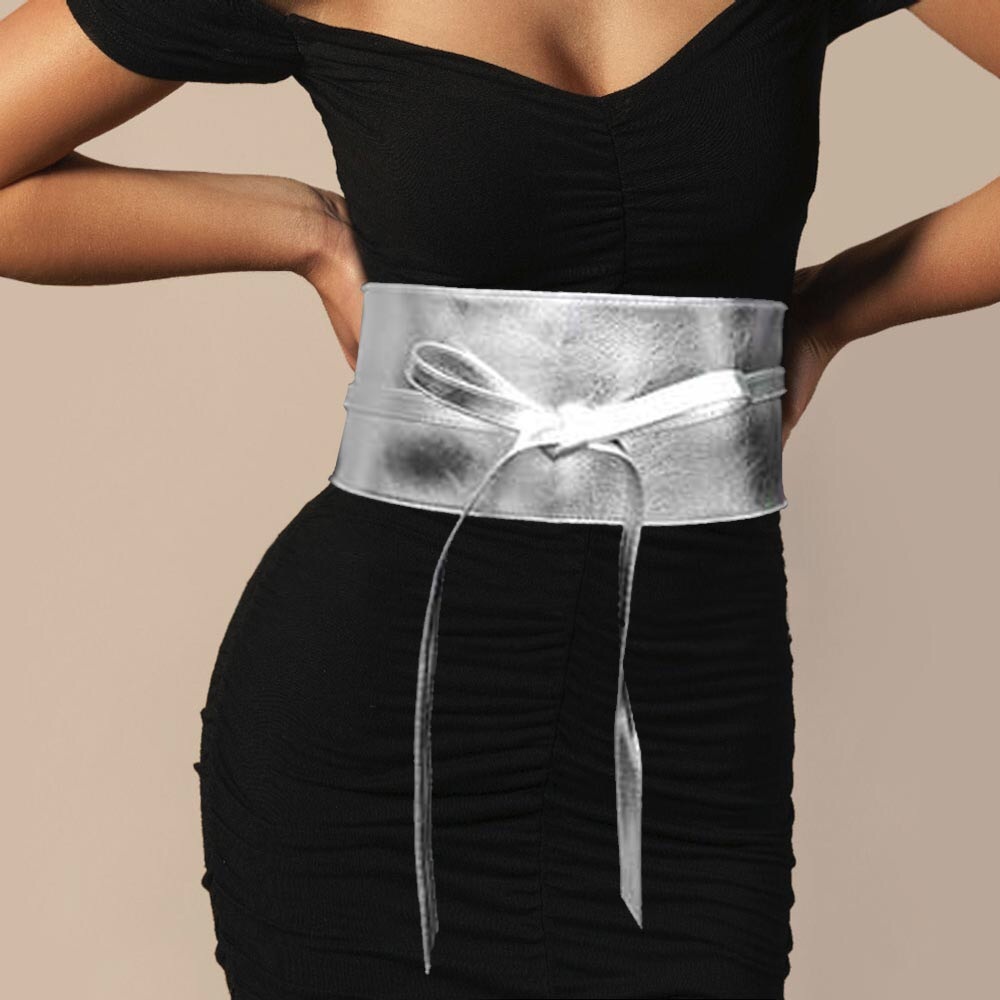 Metallic Silver Vegan Leather Wide Waist Obi Statement Belt